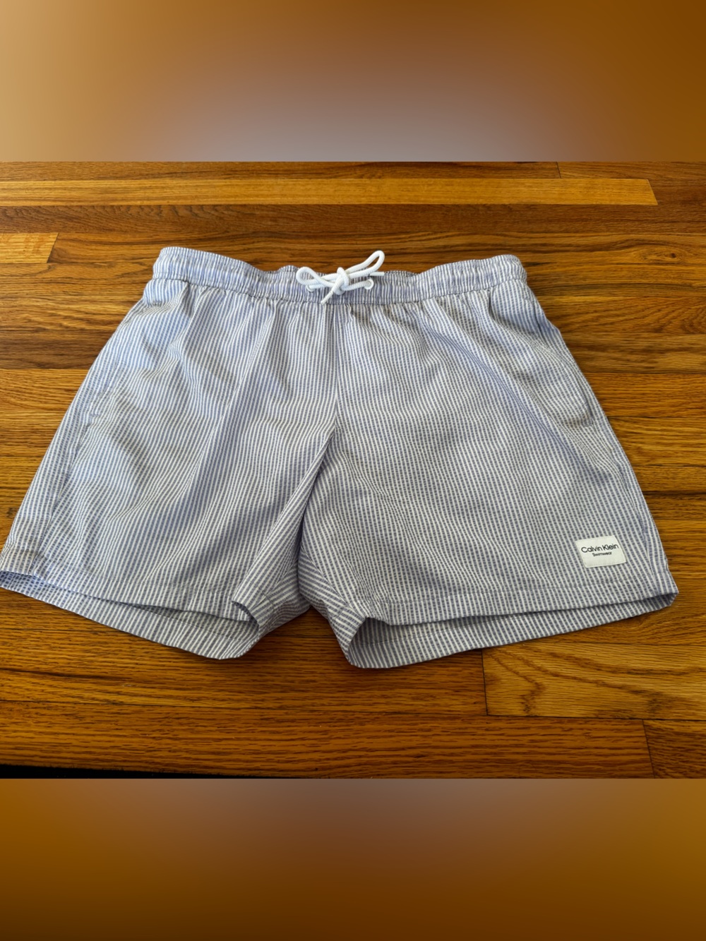Calvin Klein Blue and White Striped Men's Swim Trunks